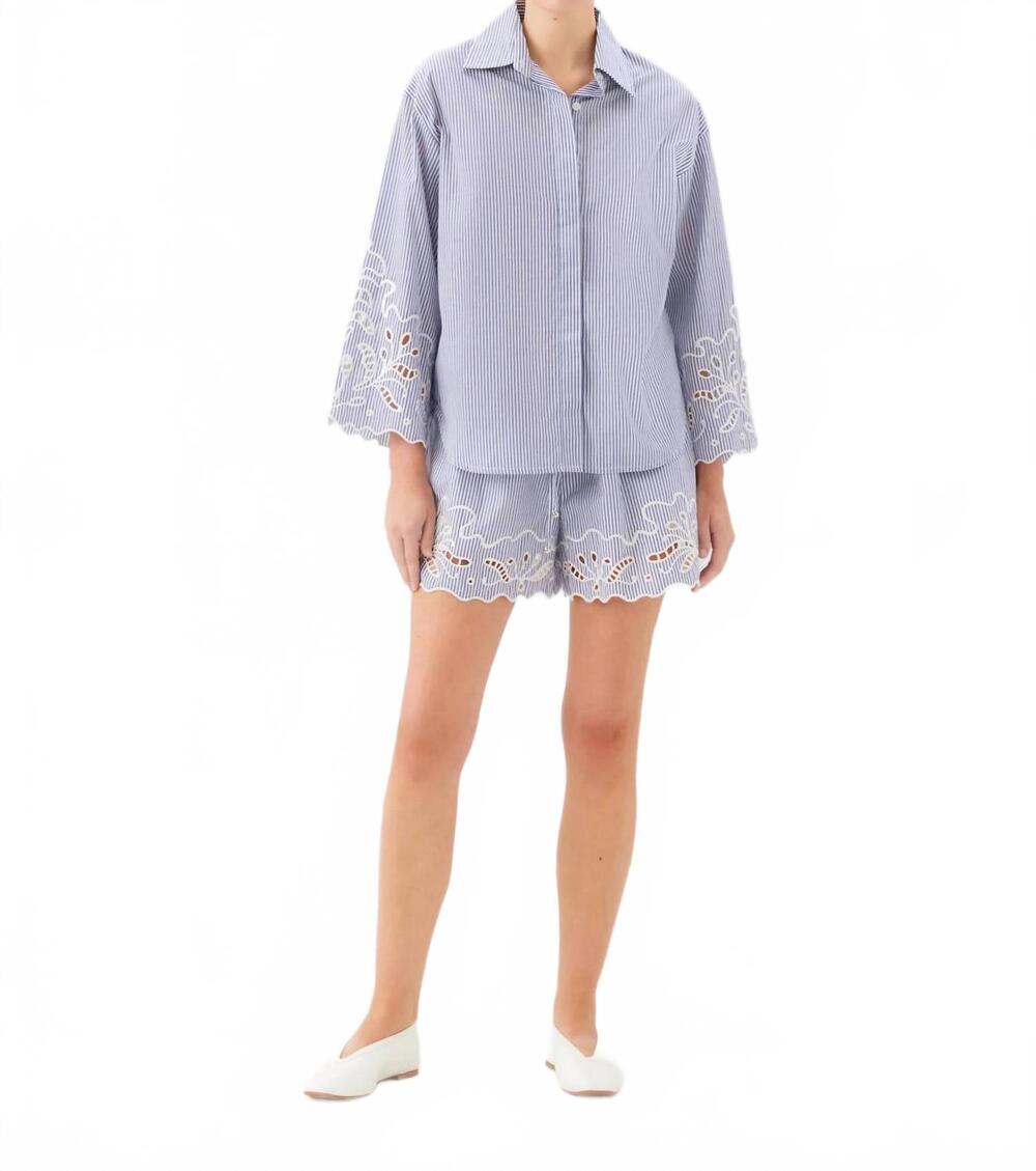 NEW FIFTEEN TWENTY women's dakota embroidered shirt in navy with off white
